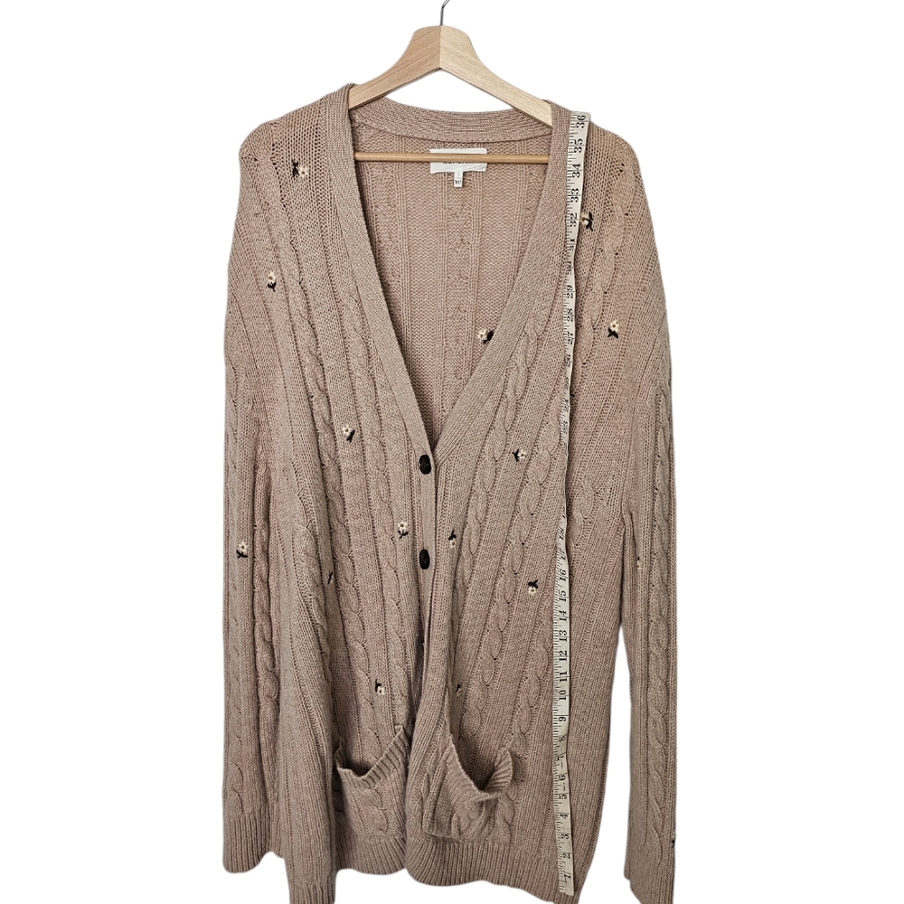 The Great  Embroidered Wool Cashmere Knit Cardigan Oatmeal Long Size 1 US Small - Picture 7 of 11